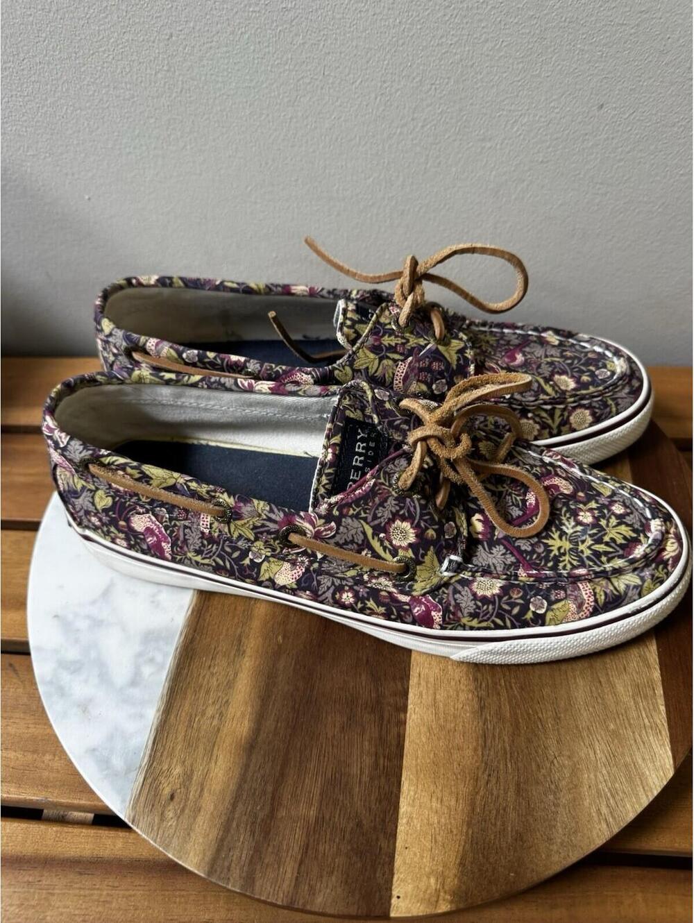 Sperry Top Sider Womens Floral Canvas Boat Sneakers Shoes Purple Green Size 7.5